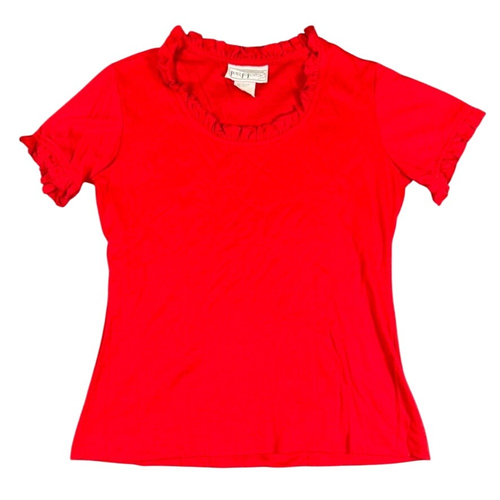 Peter Popovitch Red Ruffle Neck Short Sleeve Knit Top Large Style 63